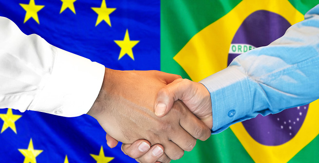 Hand Shake vor Flaggen Brasiliens und der EU