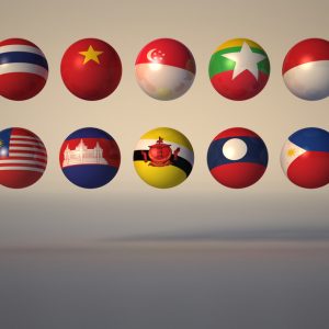 Kugeln mit den Länderflaggen der RCEP-Staaten