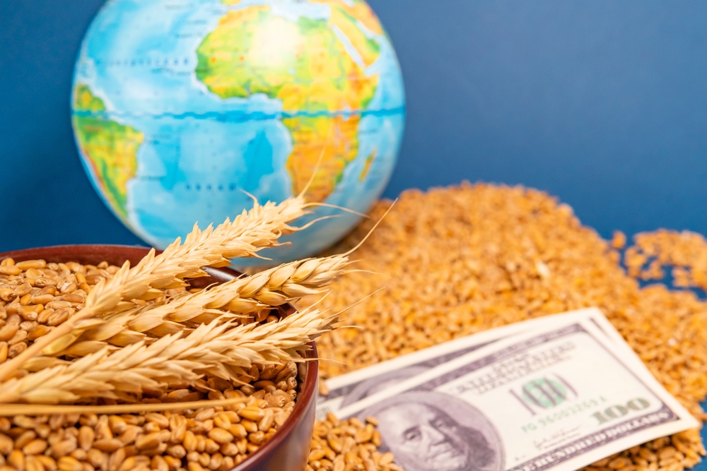 Weizenernte und Dollarscheine vor Afrika-Landkarte