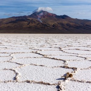 Salzwüste Salar de Uyuni vor Gebirge in Bolivien