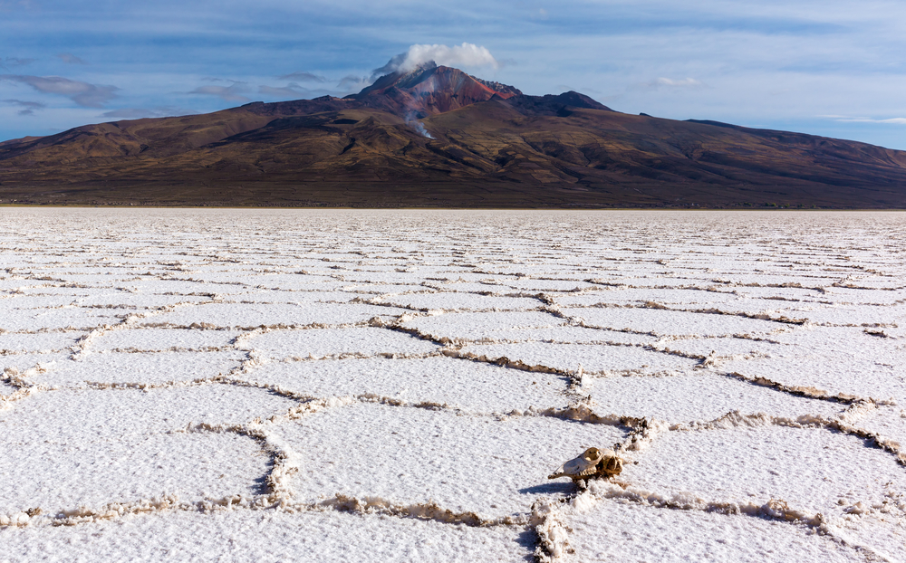 Salzwüste Salar de Uyuni vor Gebirge in Bolivien