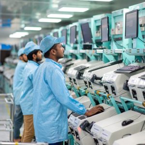 Indische Fabrik mit Beschäftigten an Bildschirmen